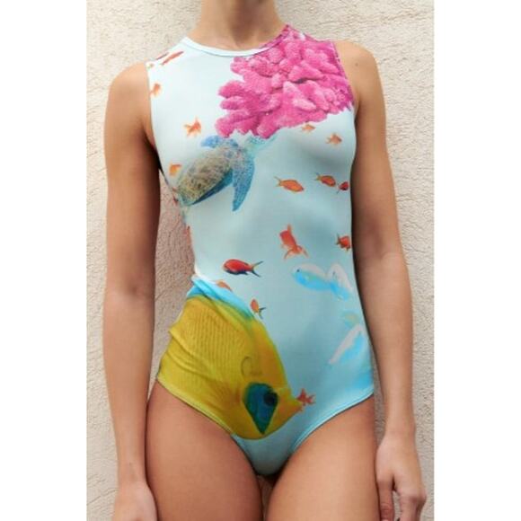 Zara Blue & Pink Ocean Coral & Fish Print Bodysuit Top Size Small Sleeveless - Picture 6 of 7